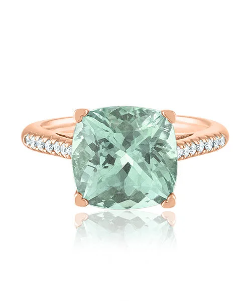 Women’s detailed engagement ring-Green Quartz Cushion Ring with Diamonds 303-JSA