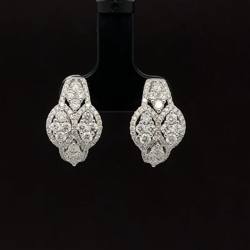 Women’s dangling earrings-Diamond Imperial J-Hoop Omega Earrings in 18k White Gold - (#193 - HEDIA000132)