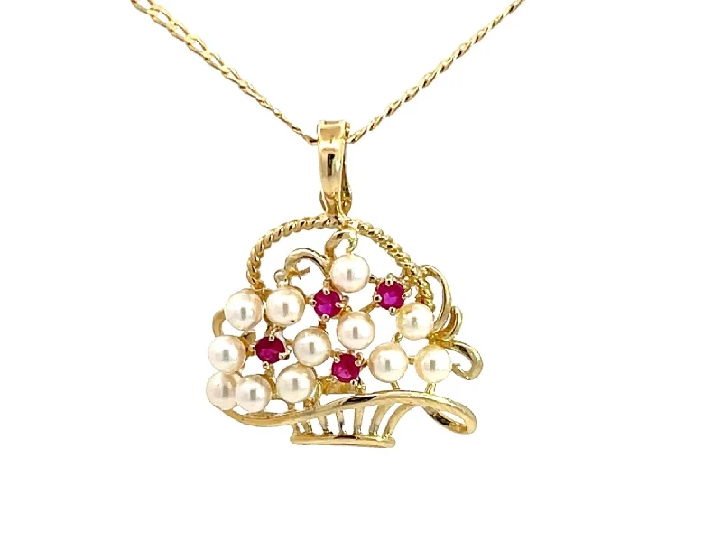 Women’s gold chain necklace-Ruby and Pearl Basket Pendant with Chain in 14k Yellow Gold