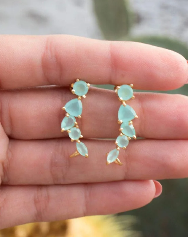 Women’s silver earrings-Aqua Chalcedony Ear Climber Earrings ~ 18k Gold Plated ~ ME172