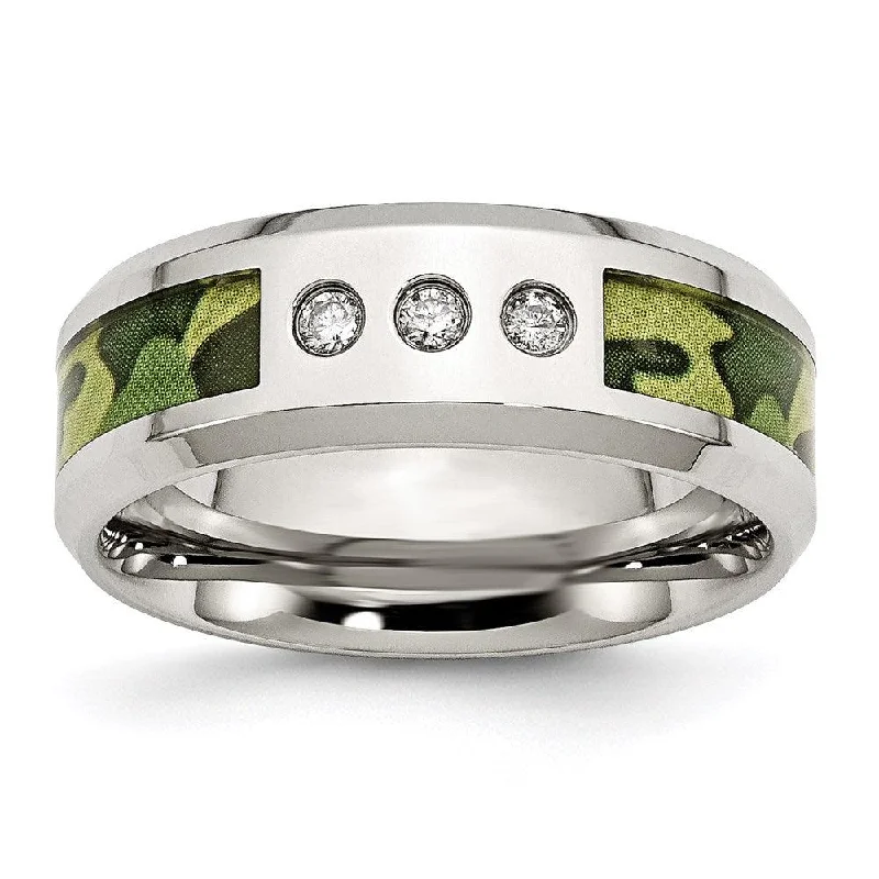 Women’s emerald and diamond engagement ring-Stainless Steel Polished Camouflage Diamond Band