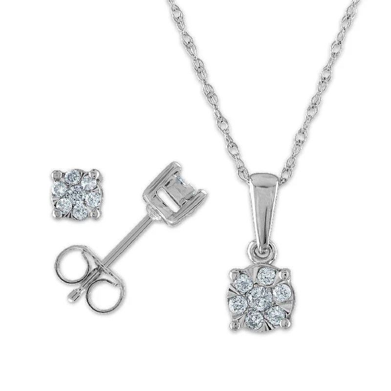 Women’s oversized earrings-1/4 CTW Diamond Cluster Box Set Earring 18-inch Pendant in 10KT White Gold