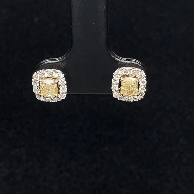 Women’s nature-inspired earrings-Fancy Yellow & White Diamond Cushion Stud Earrings w. Removable Halo Jackets in 18k - (#128-JEO185GR-01) Two Tone Gold