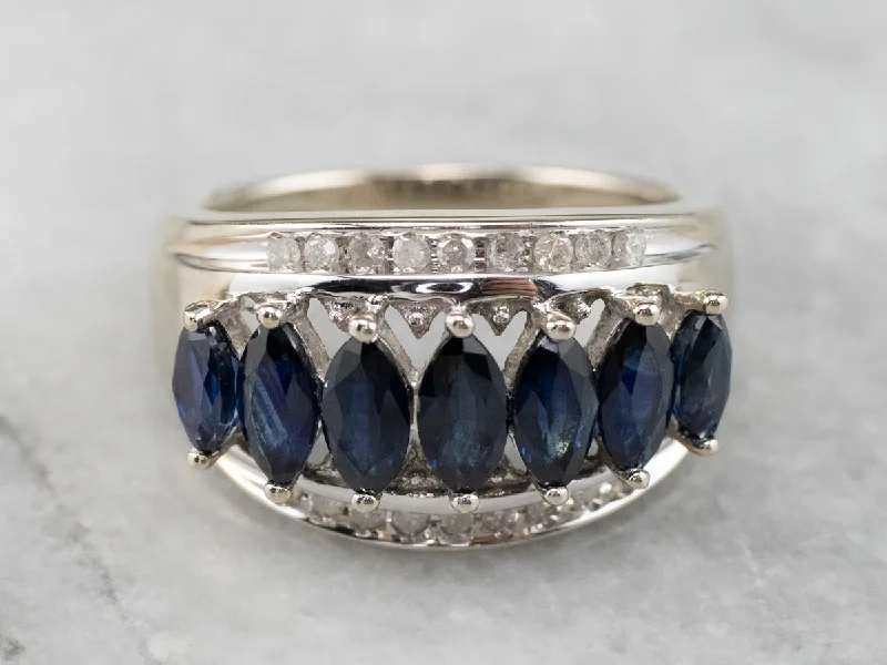 Women’s silver engagement ring-Marquise Sapphire and Diamond Band