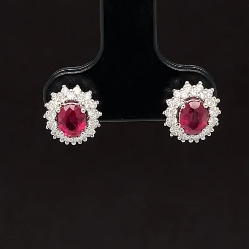 Women’s opal earrings-Ruby & Diamond 1.40ctw Classic Halo Cluster Earrings in 18k White Gold - #329 - HERUB000975