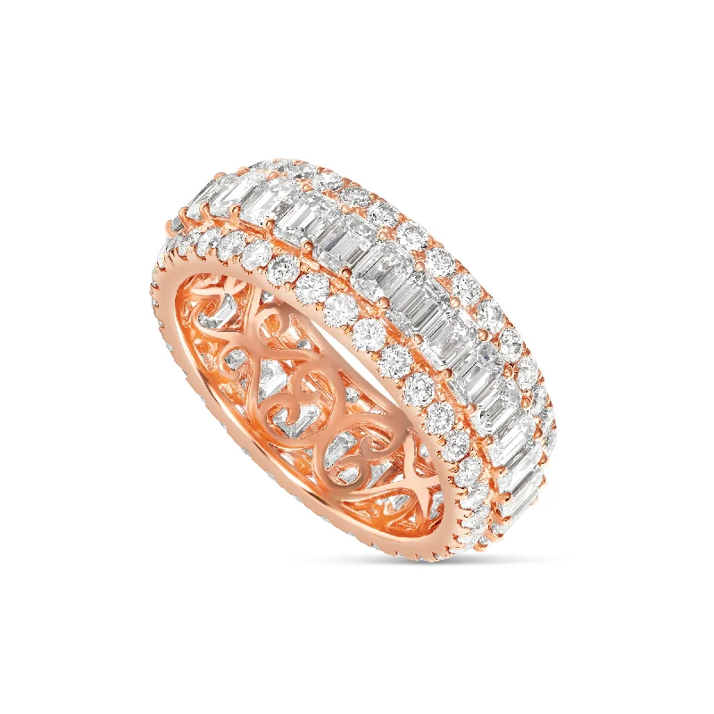 Women’s engraved engagement ring-14k Rose Gold Emerald & Round Diamond Men's Eternity Band