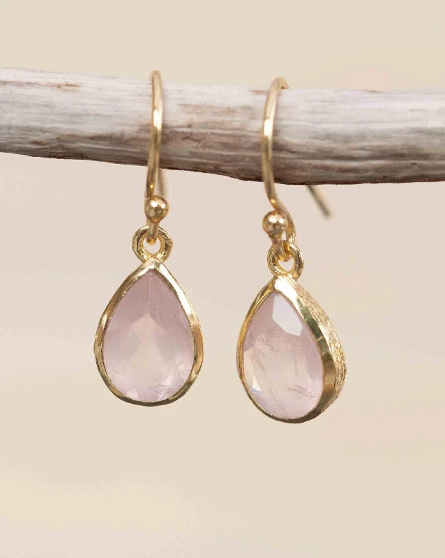 Women’s long earrings-Rose Quartz Tear Drop Earrings ~ 18k Gold Plated ~ ME190