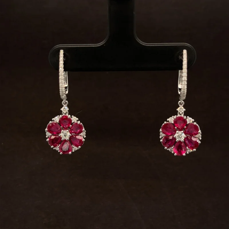 Women’s nature-inspired earrings-Ruby & Diamond Flower Dangle Latch Back Earrings in 18k White Gold - #503 - ERRUB043436