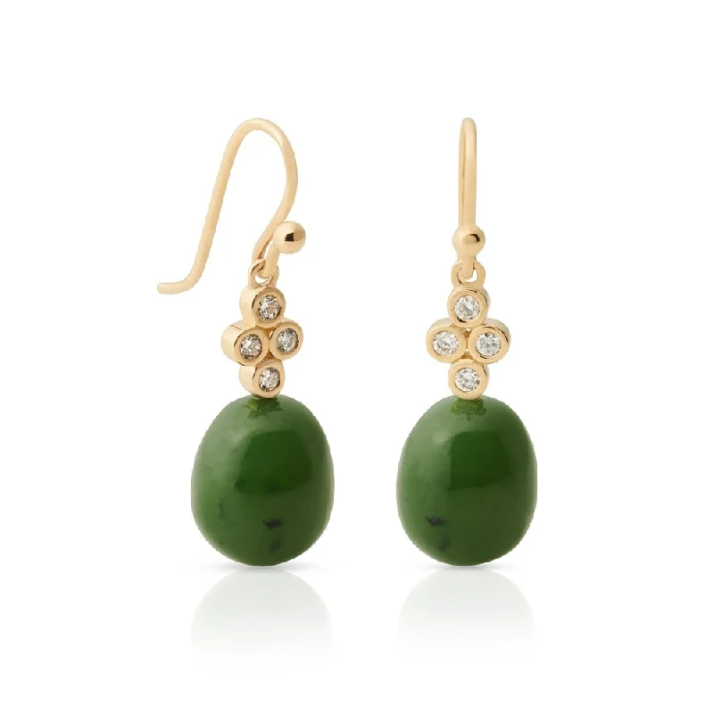 Women’s fine gold earrings-Green Nephrite Jade & Diamond Drop Earrings