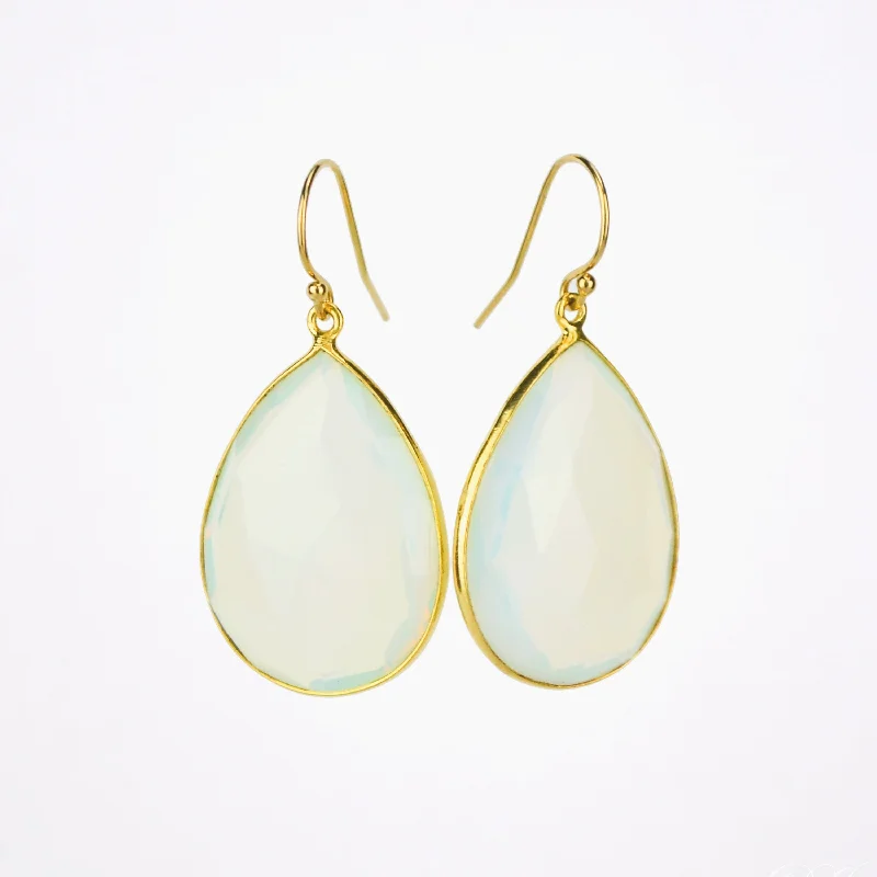 Women’s star earrings-Faceted Opalite Teardrop Bezel Set Earrings, October Birthstone