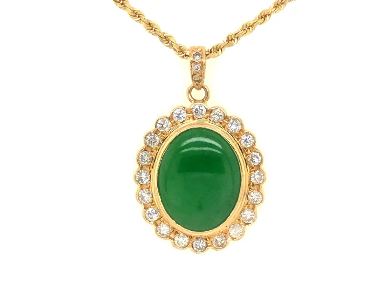 Women’s gemstone chain necklace-GIA Vintage Oval Cabochon Green Translucent Jadeite Jade and Diamond Pendant