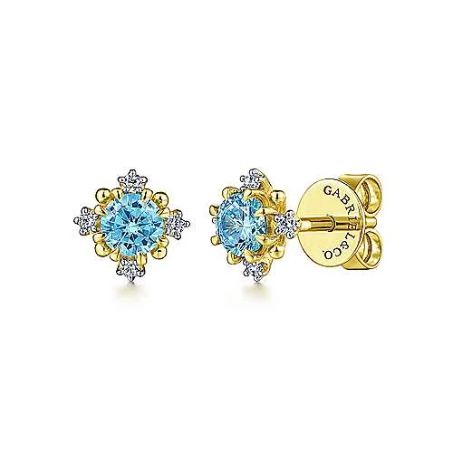 Women’s gold hoop earrings-14K Yellow Gold Round Swiss Blue Topaz and Diamond Stud Earrings