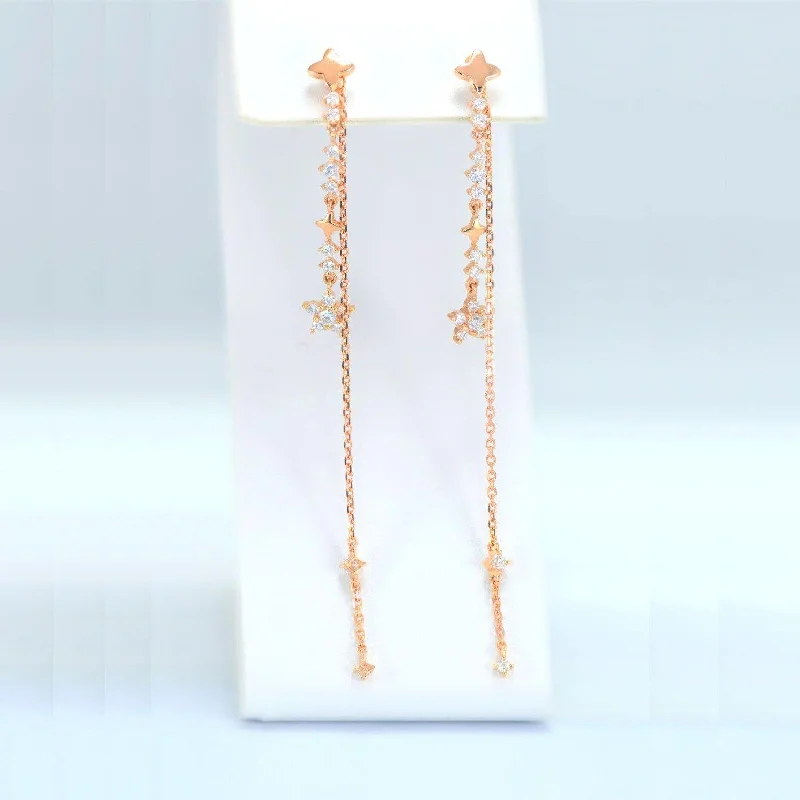 Women’s fine gold earrings-Diamond Lucky Star Dangle Front Back Chain Earrings w/ Removable Chains in 18k Rose Gold - (#14-HEDIA002521)