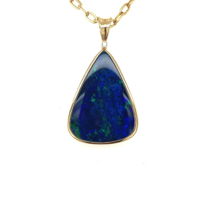 Women’s colorful gemstone necklace-Lady's Yellow 14 Karat boulder Opal doublet pendant with diamond