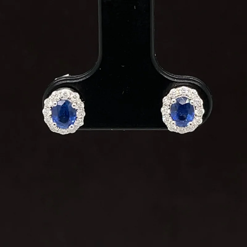 Women’s elegant drop earrings-Oval Blue Sapphire & Diamond 0.88ctw Lace Halo Cluster Earrings in 18k White Gold - #330 - ERSAP093374