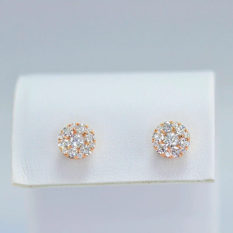 Women’s sparkling earrings-Diamond Eternity Circle Cluster Stud Earrings in 18k Rose Gold (#8-HEDIA002713)