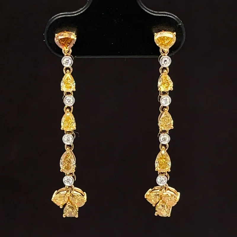 Women’s hoop earrings with diamonds-Yellow & White Diamond Floral Linear Drop Earrings in 18k Two-Tone Gold - #589 - ERDIA353918