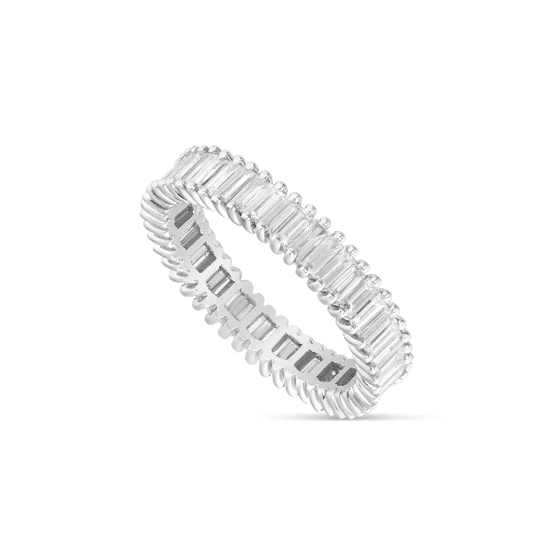 Women’s three-stone engagement ring-14k White gold with Baguette Diamond Eternity Band Ring