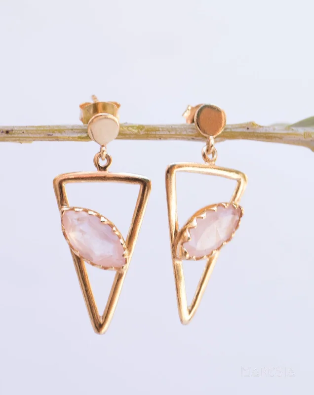 Women’s custom earrings-Aqua Chalcedony, Ruby, Blue Chalcedony, Rose quartz Triangle Earrings ~Gold Vermeil (Gold Plated over Sterling Silver)~ ME061