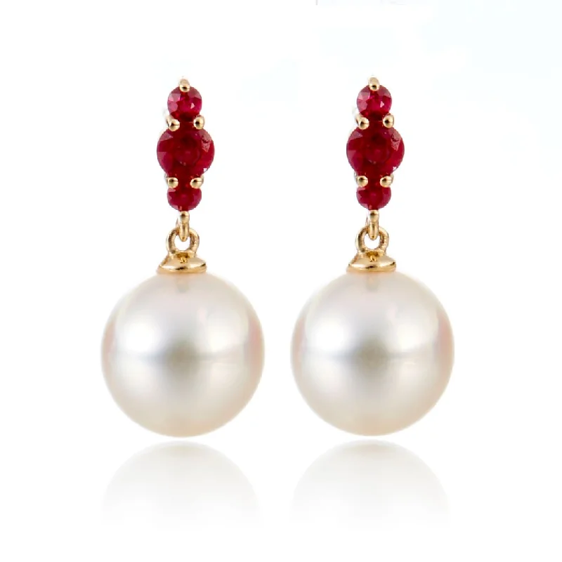 Women’s fashionable earrings-Orion Earrings in White Akoya Pearls & Rubies