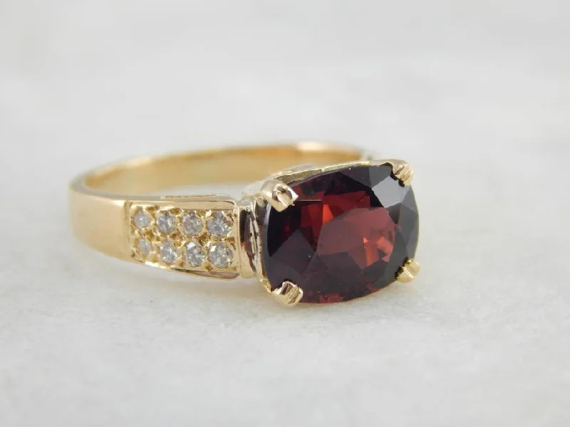 Women’s sapphire and diamond engagement ring-Deep Red Pyrope Garnet, Pave Diamonds and Gold Cocktail Ring