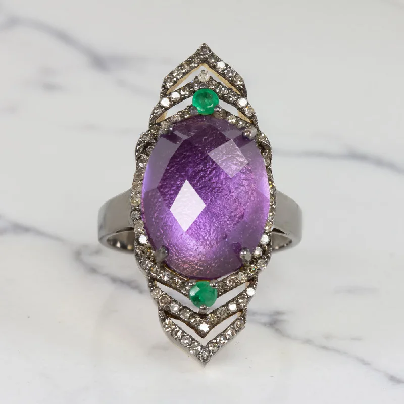 Women’s luxury gemstone engagement ring-NATURAL AMETHYST DIAMOND COCKTAIL RING PURPLE OVAL SHAPE ROSE CUT BOHO STATEMENT