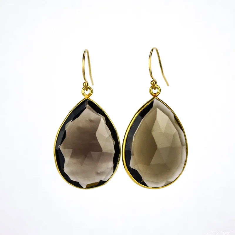 Women’s contemporary earrings-Faceted Smoky Quartz Teardrop Bezel Set Earrings