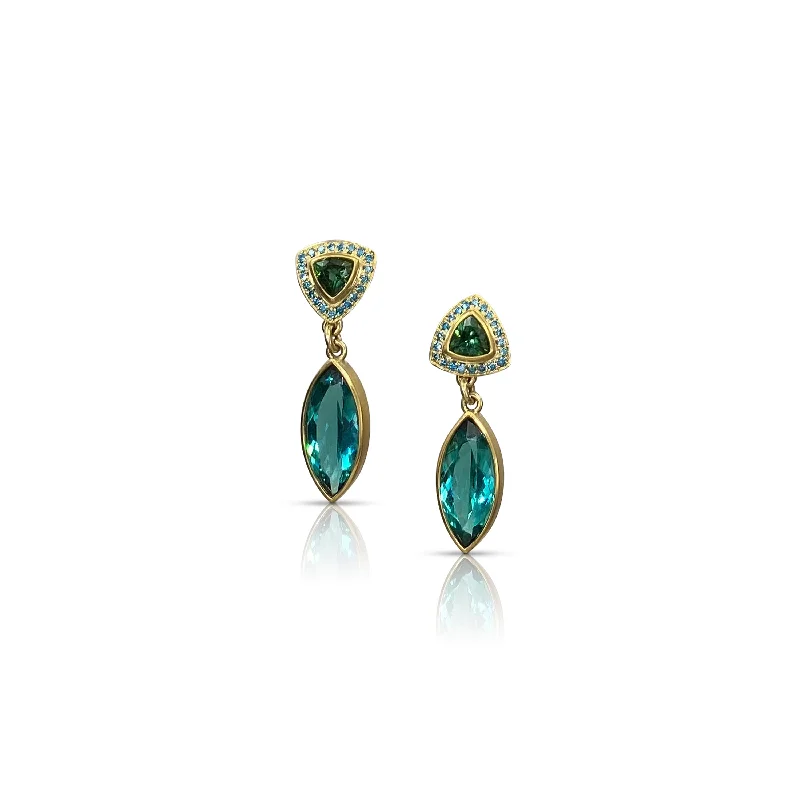 Women’s engraved earrings-Teal Marquis Tourmaline with Blue Diamond & Green Tourmaline Post Drop Earring