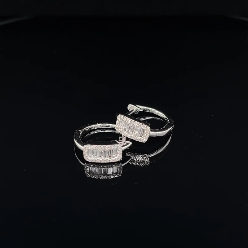 Women’s vintage earrings-Baguette Diamond Chunky Huggie Hoops in 14k White Gold - #165 KVE00013-001