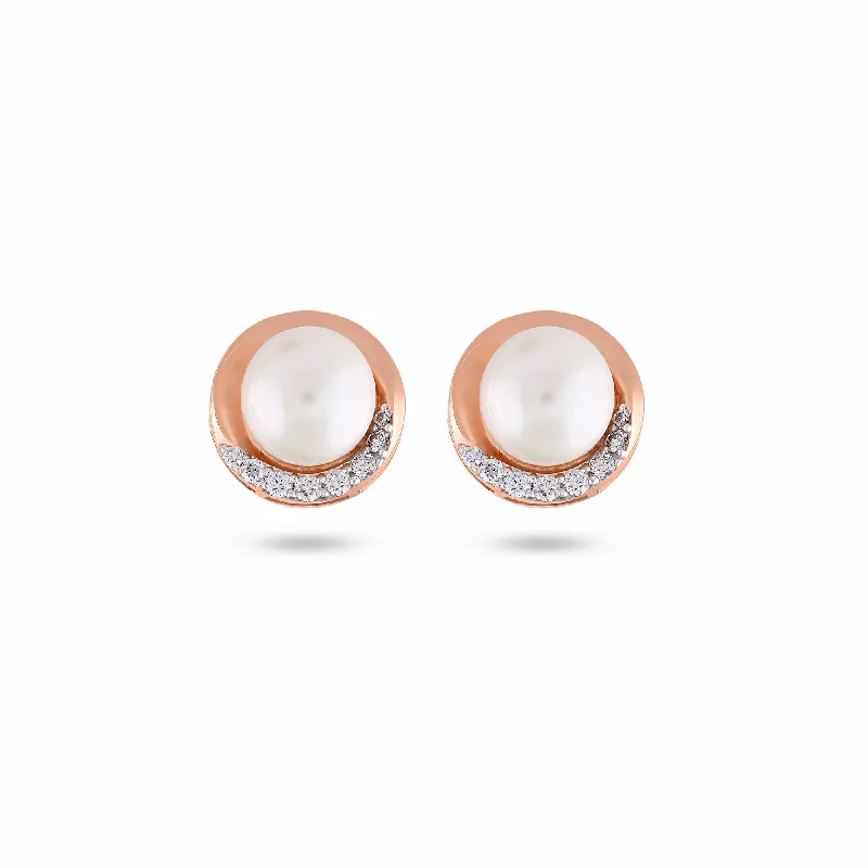 Women’s statement stud earrings-Cresent Diamond Pearl Stud Earrings