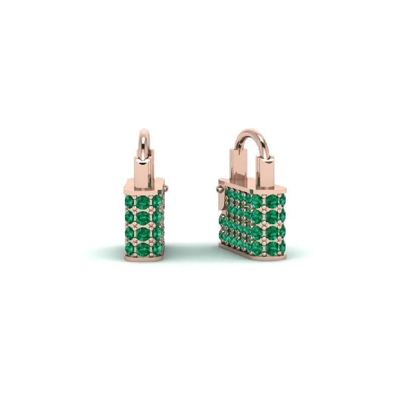 Women’s dazzling diamond earrings-Gold Padlock Hoop Emerald Earrings - Queenie No. 5