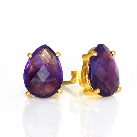 Women’s chic hoop earrings-Purple Amethyst Teardrop Prong Set Stud Earrings : February Birthstone