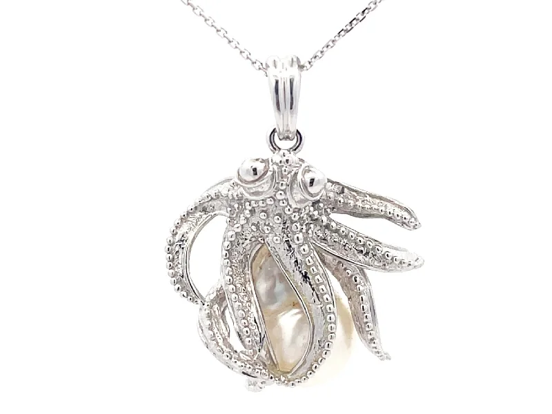 Women’s wedding necklace-Assor Gioielli Octopus Baroque Pearl Pendant on Chain in 18k White Gold