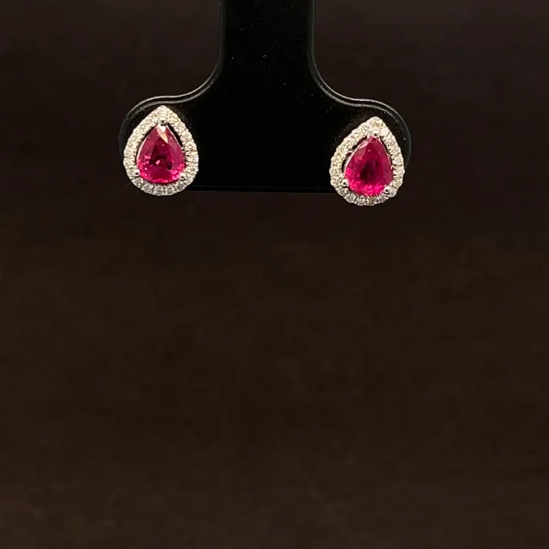 Women’s contemporary earrings-Ruby & Diamond Pear Halo Cluster Stud Earrings in 18k White Gold - #505 - ERRUB042620