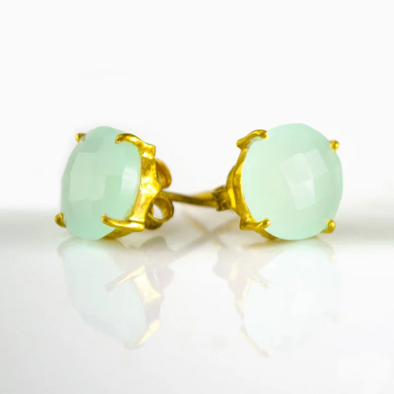 Women’s oversized earrings-Aqua Chalcedony Round Prong Set Stud Earrings - March Birthstone