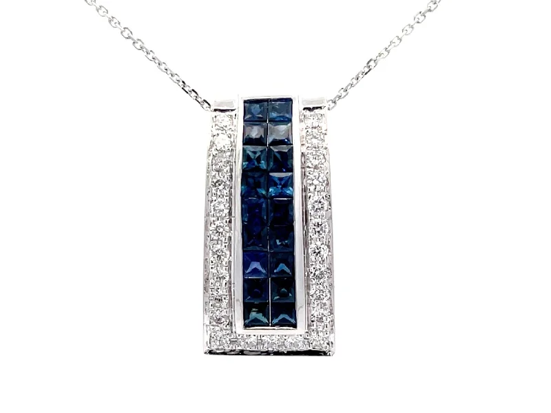 Women’s casual necklace-Diamond Sapphire Rectangular Pendant and Chain in 14k White Gold