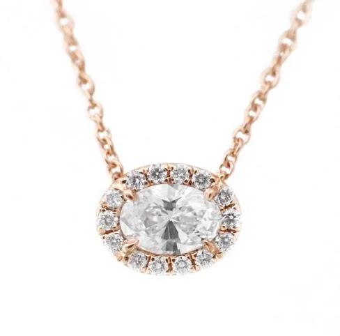 Women’s engraved bar necklace-18K Rose Oval Diamond Halo pendant