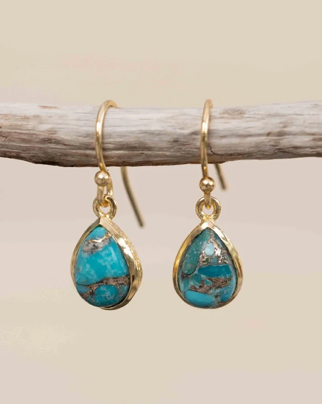 Women’s long drop earrings-Copper Turquoise Tear Drop Earrings ~ 18k Gold Plated ~ME189