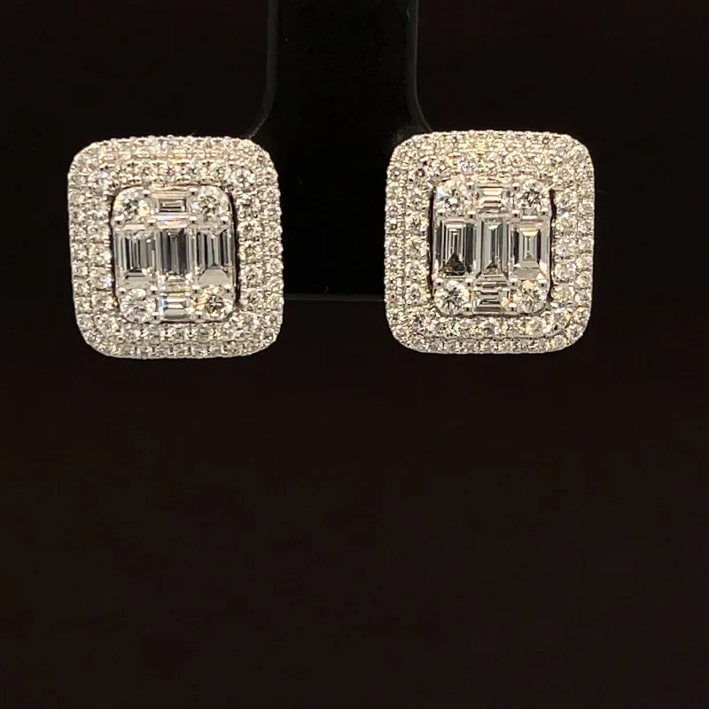 Women’s gold stud earrings-Diamond 1.34ctw Baguette Cushion Cluster Earrings in 18k White Gold - #392 - ERDIA352250