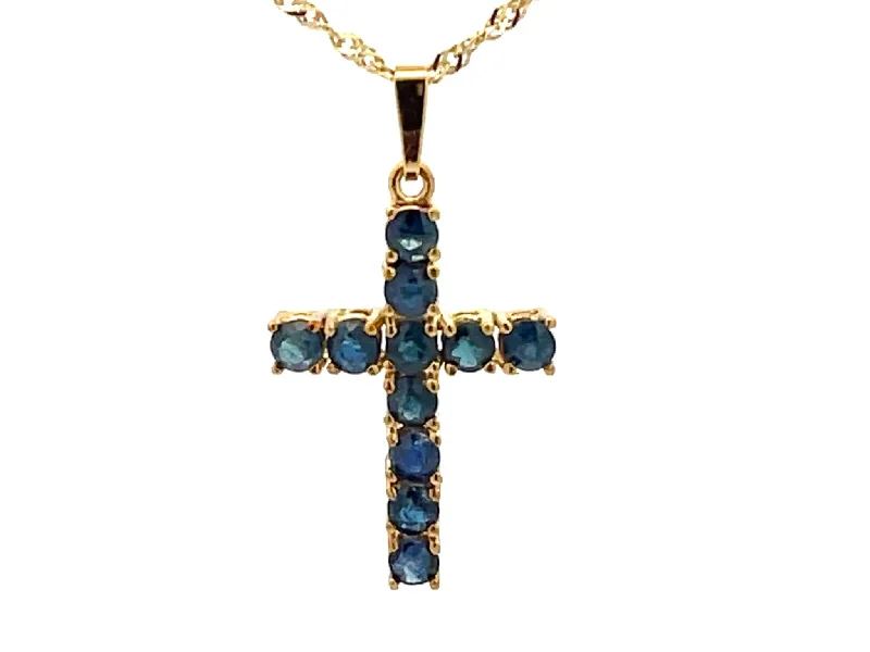 Women’s engraved necklace-Sapphire Cross Pendant and Disco Chain 14k Yellow Gold