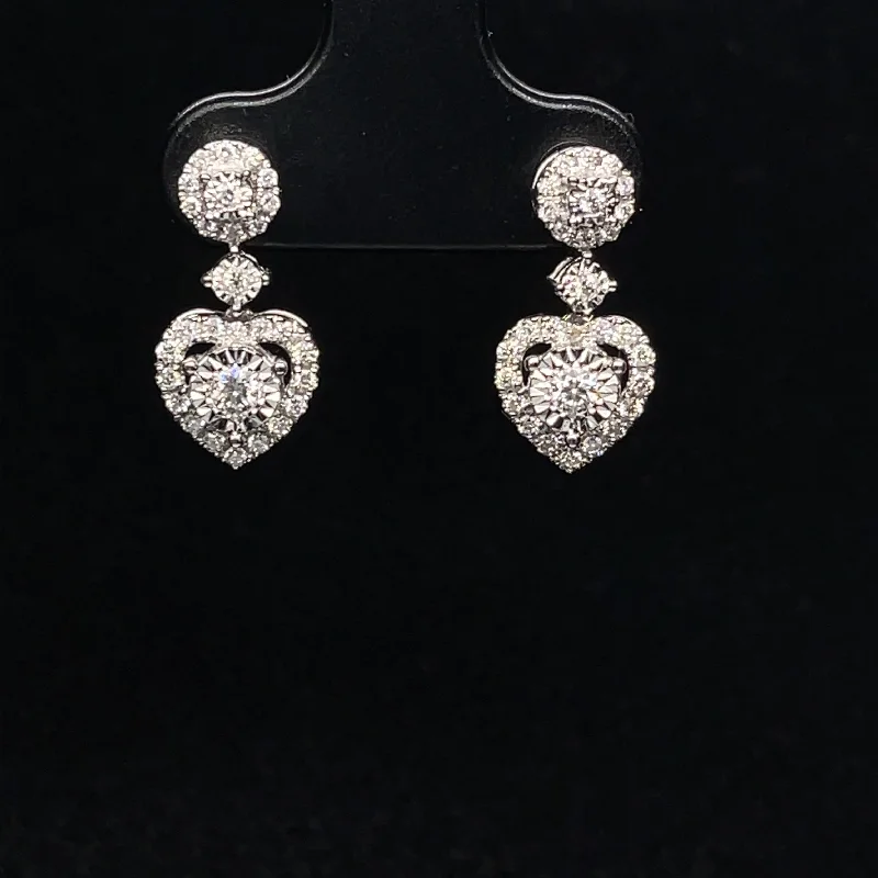 Women’s sapphire earrings-Diamond Heart Halo Dangle Earrings in 18k White Gold- (#74-ERDIA 344840)