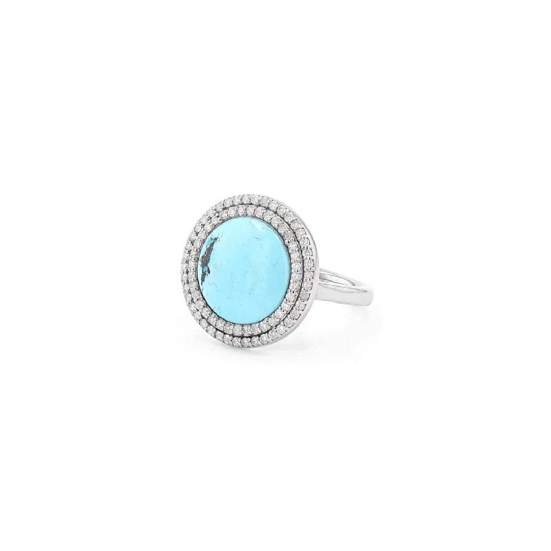 Women’s antique diamond engagement ring-Round Turquoise Double Diamond Halo Ring  R0393-8