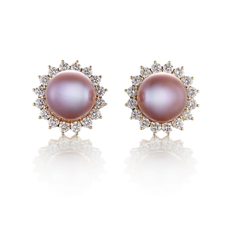 Women’s gemstone earrings-Halo Earrings in Pink Pearls & Diamonds