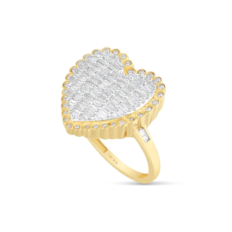 Women’s glamorous engagement ring-Large 14k Gold Baguette Diamond Heart Ring