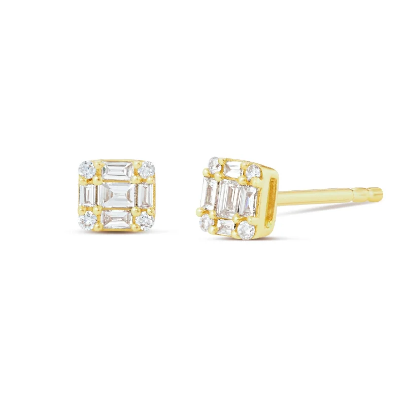 Women’s cushion cut engagement ring-18K Gold 0.18ct Baguette Diamond Cluster Studs