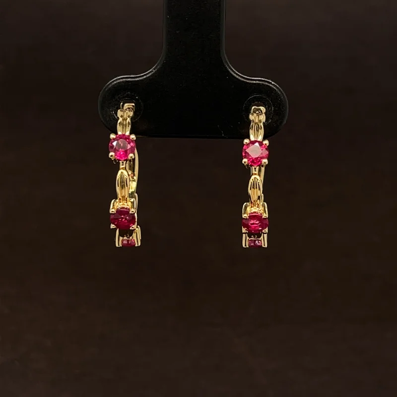 Women’s two-tone earrings-Ruby 3-Stone Textured Round Hoop Earrings in 18k Yellow Gold - #511 - ERRUB043046