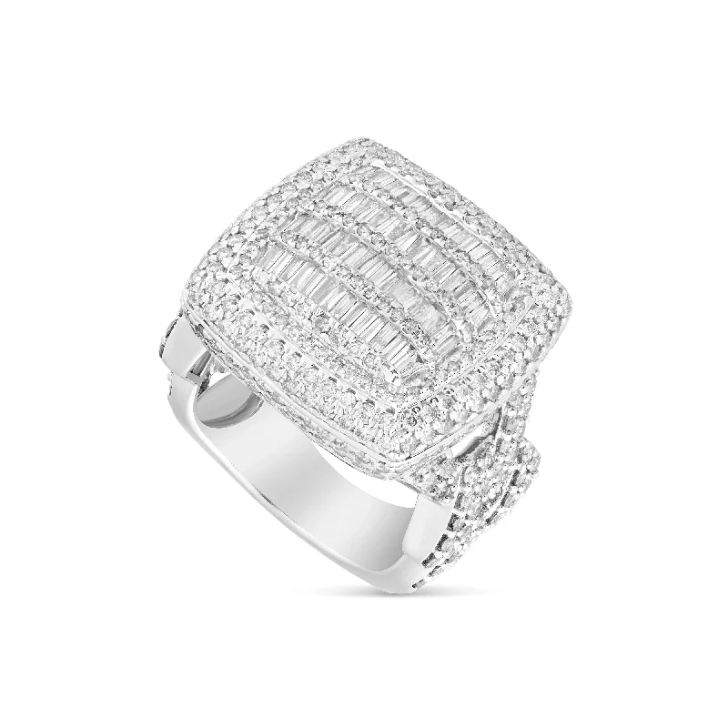 Women’s pearl engagement ring-14k White Gold Square Top & Cuban Band Diamond Statement Ring