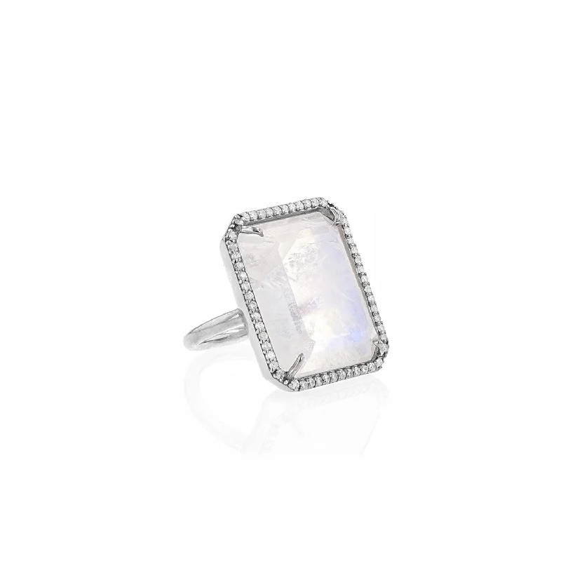 Women’s emerald solitaire engagement ring-Moonstone Diamond Halo Emerald Cut Ring R0493