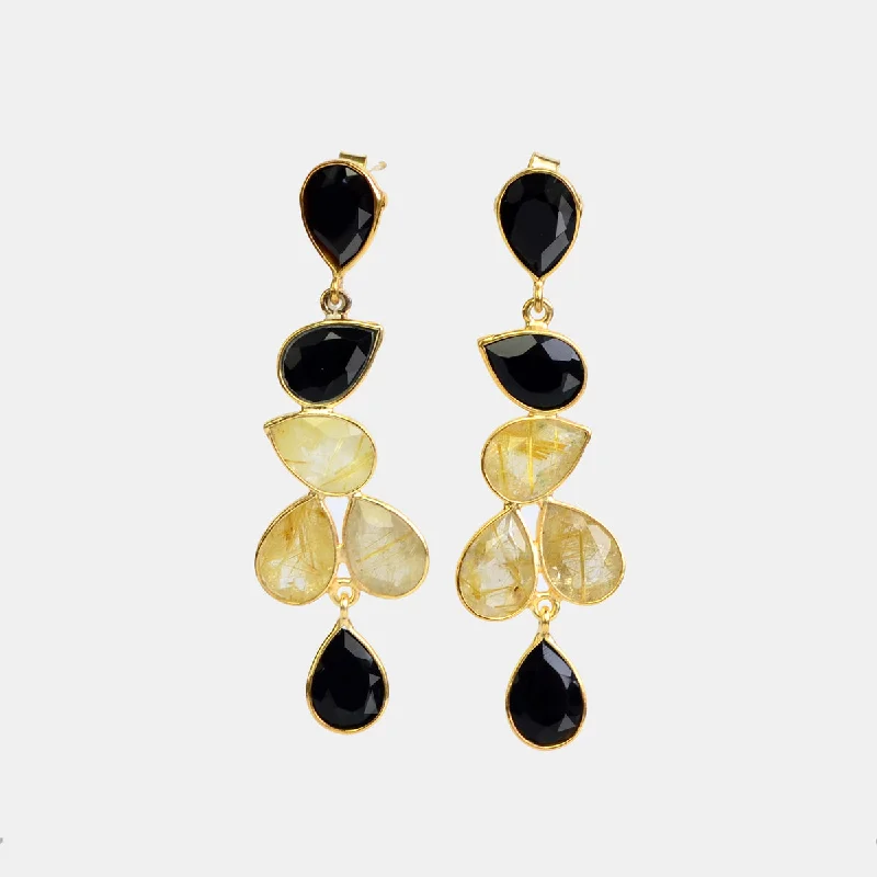 Women’s butterfly earrings-Elegant Black and Gold Rutilated Statement Earrings