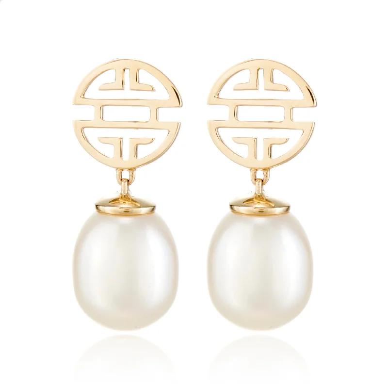 Women’s gold diamond earrings-Gold Shou & Pearl Drop Earrings